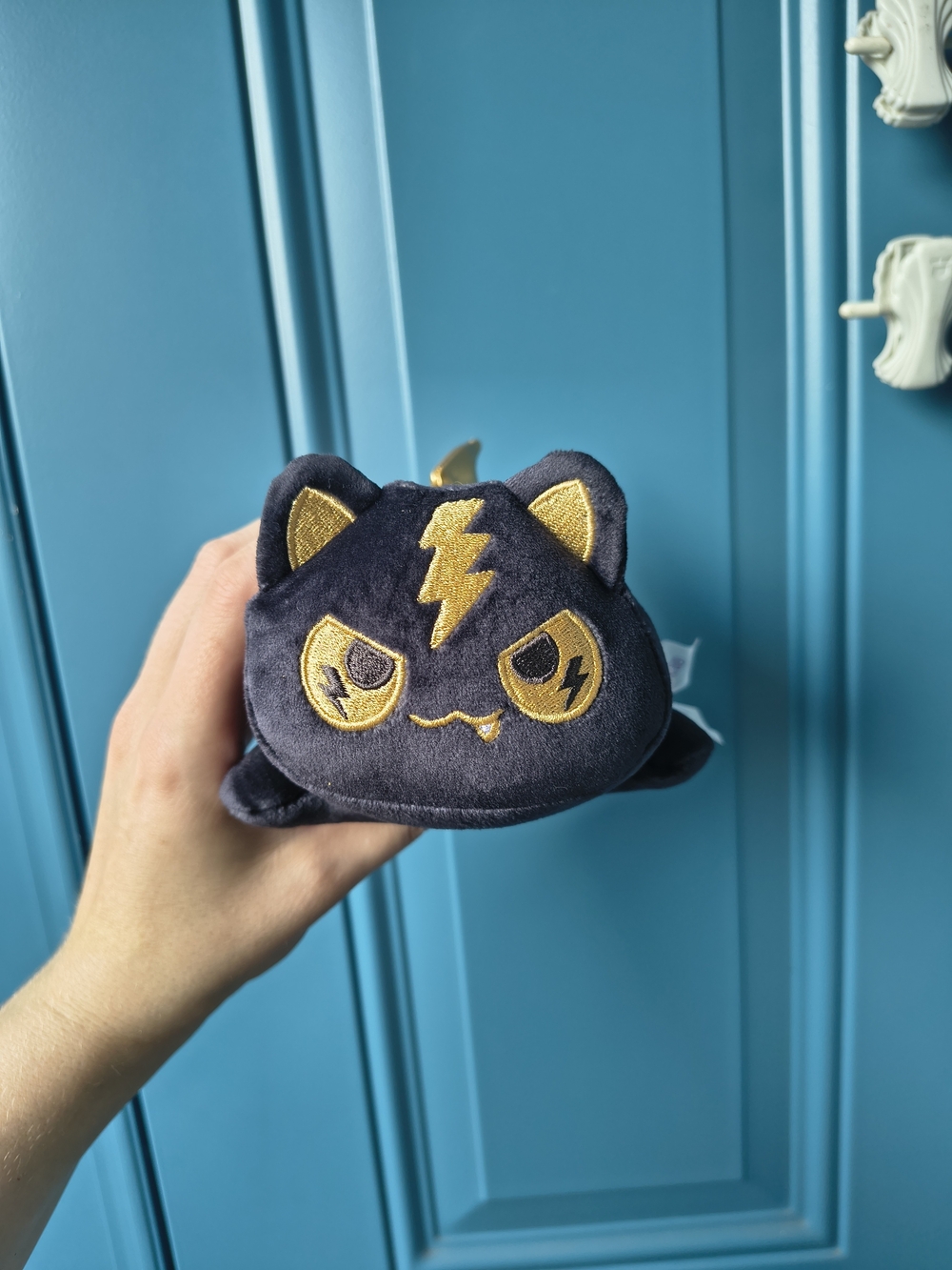 Black Plush Cat Stuffed Toy with Gold Embroidered Accents